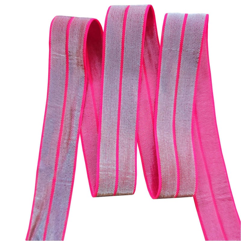 Fita elástica viés FOE (Fold Over Elastic) LUREX 20mm Fuxia Neon / Prata