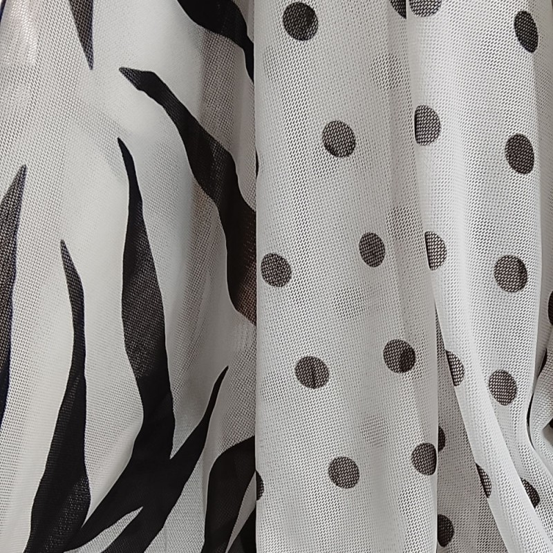 ▷Tule de lycra estampado ao metro | Tule de elastano com padrão zebra e bolinhas