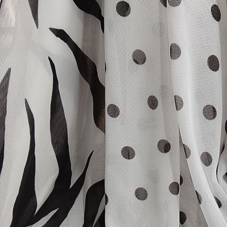 ▷Tule de lycra estampado ao metro | Tule de elastano com padrão zebra e bolinhas